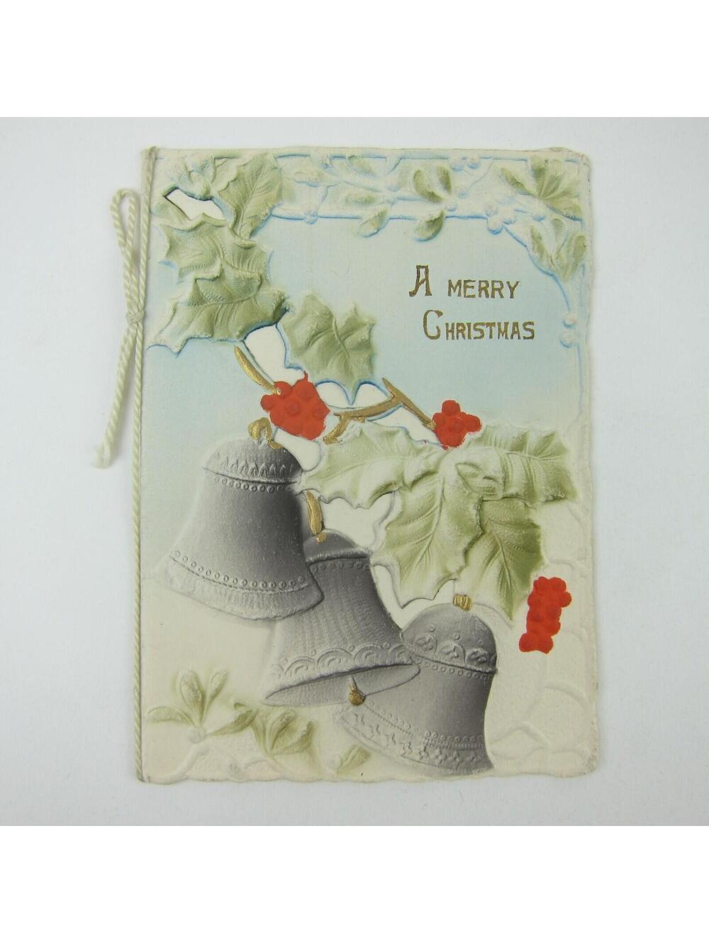 Victorian Card Christmas Die cut Holly Silver Bells 3D Embossed Booklet Antique